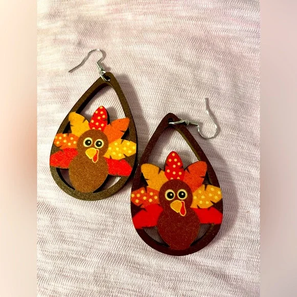 NWT Thanksgiving Turkey Wooden Colorful Earrings 3” long Same design both sides - Picture 1 of 3